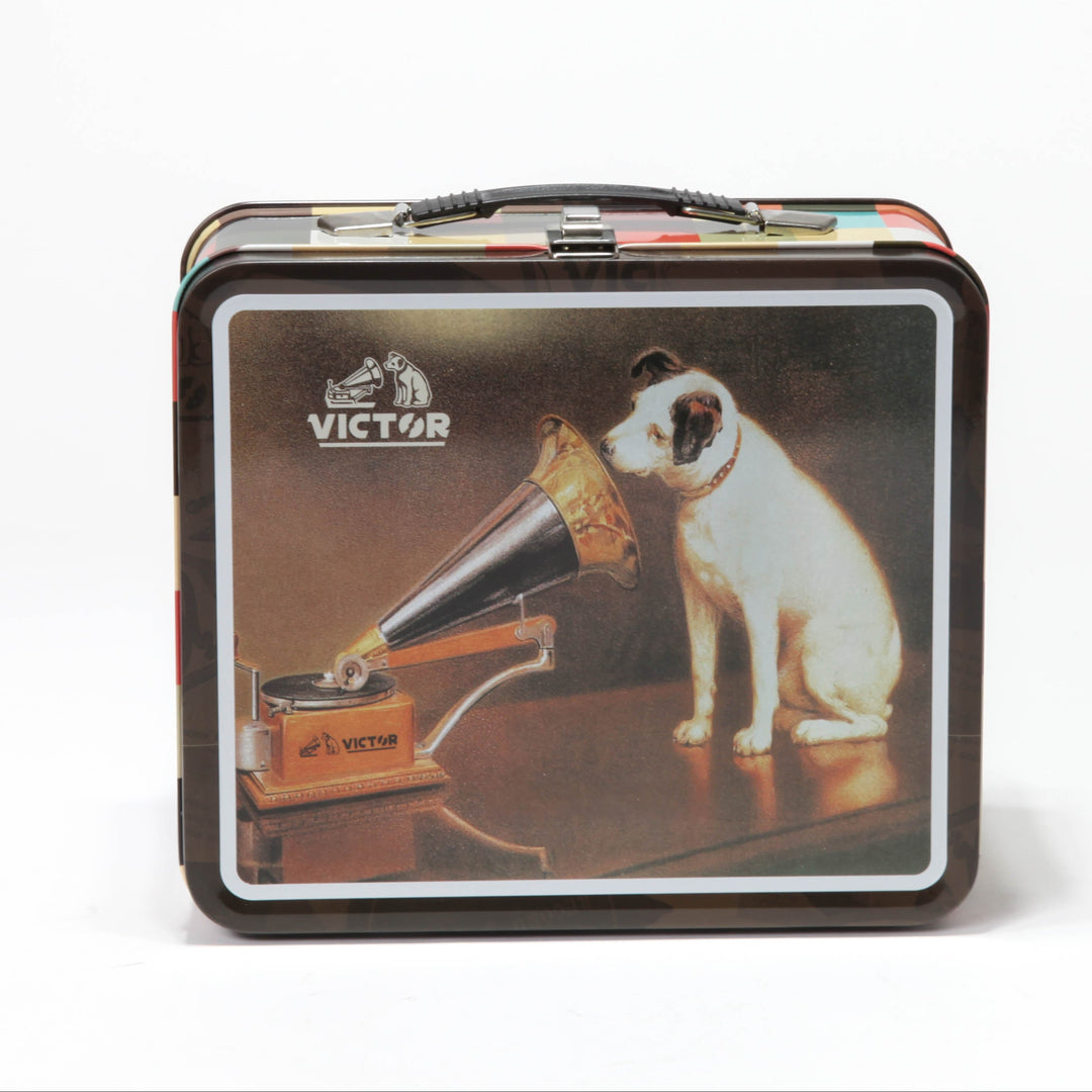 Tin box with a dog and gramophone design on a white background
