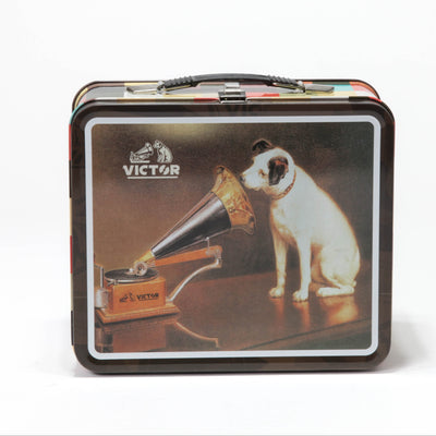 Tin box with a dog and gramophone design on a white background